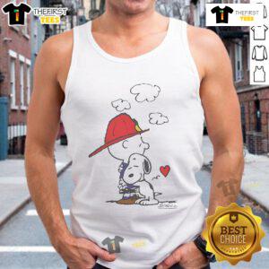 Official Peanuts Charity Wildfire Tank Top featuring iconic characters in a vibrant design for a good cause.