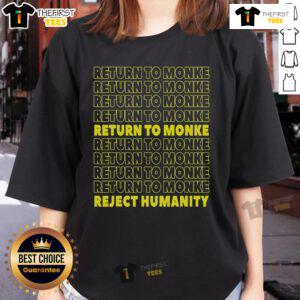 Funny monkey graphic on 'Reject Humanity, Return to Monke' ladies tee, showcasing humor and playful design for casual wear.
