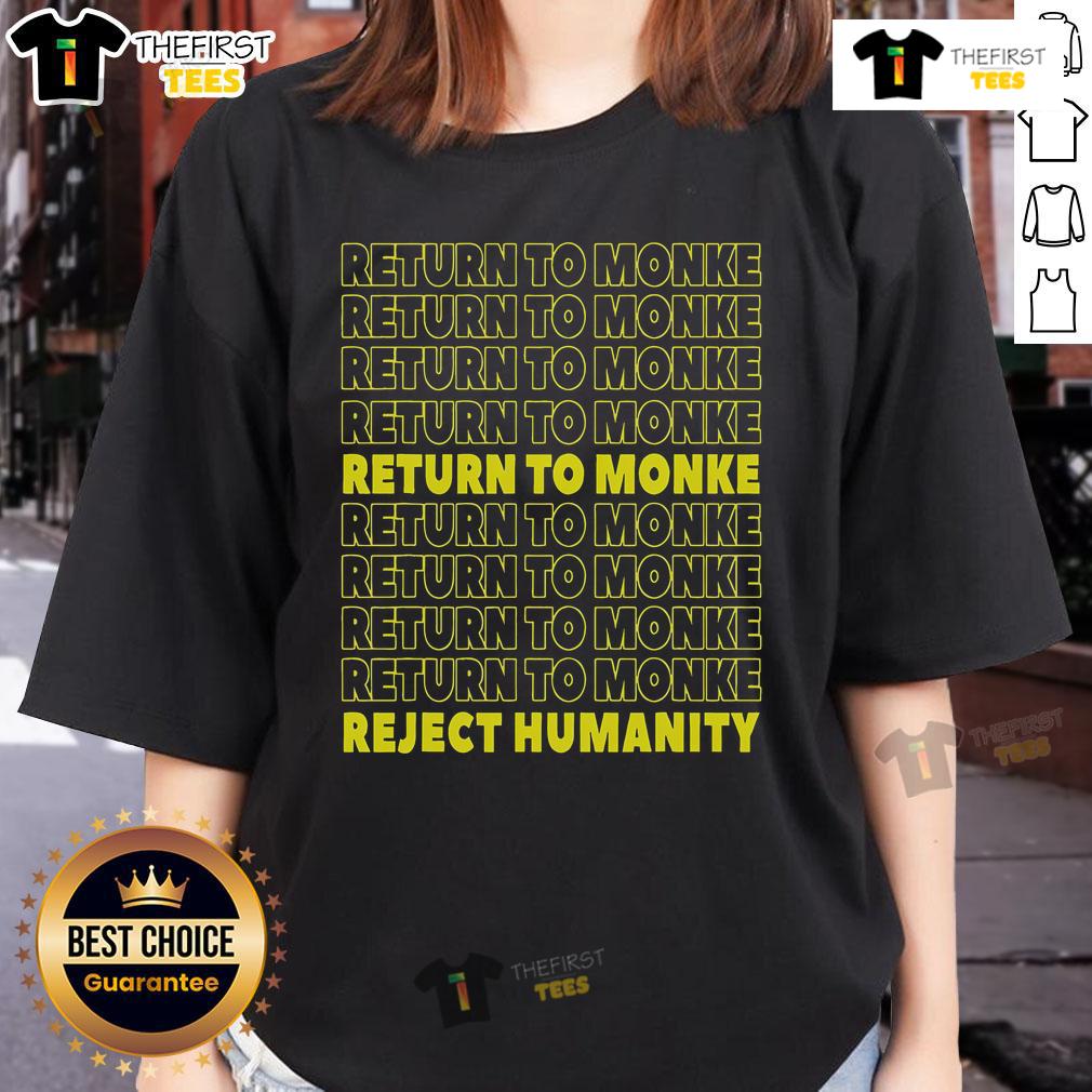 Funny monkey graphic on 'Reject Humanity, Return to Monke' ladies tee, showcasing humor and playful design for casual wear.