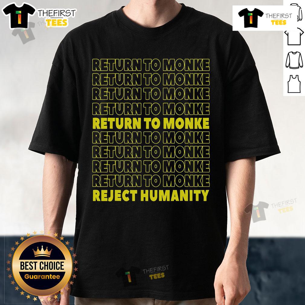 Funny monkey T-shirt with 'Reject Humanity Return To Monke' slogan, showcasing a playful design for animal lovers.