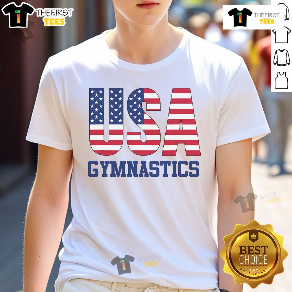 Official USA American Flag Gymnastics T-Shirt featuring a vibrant flag design, perfect for gymnasts and patriotic fans.