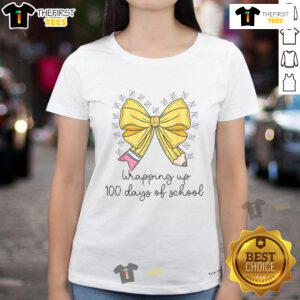 Pretty Coquette Bow Teacher 100th Day of School Ladies Tee featuring a stylish design for celebrating teachers.
