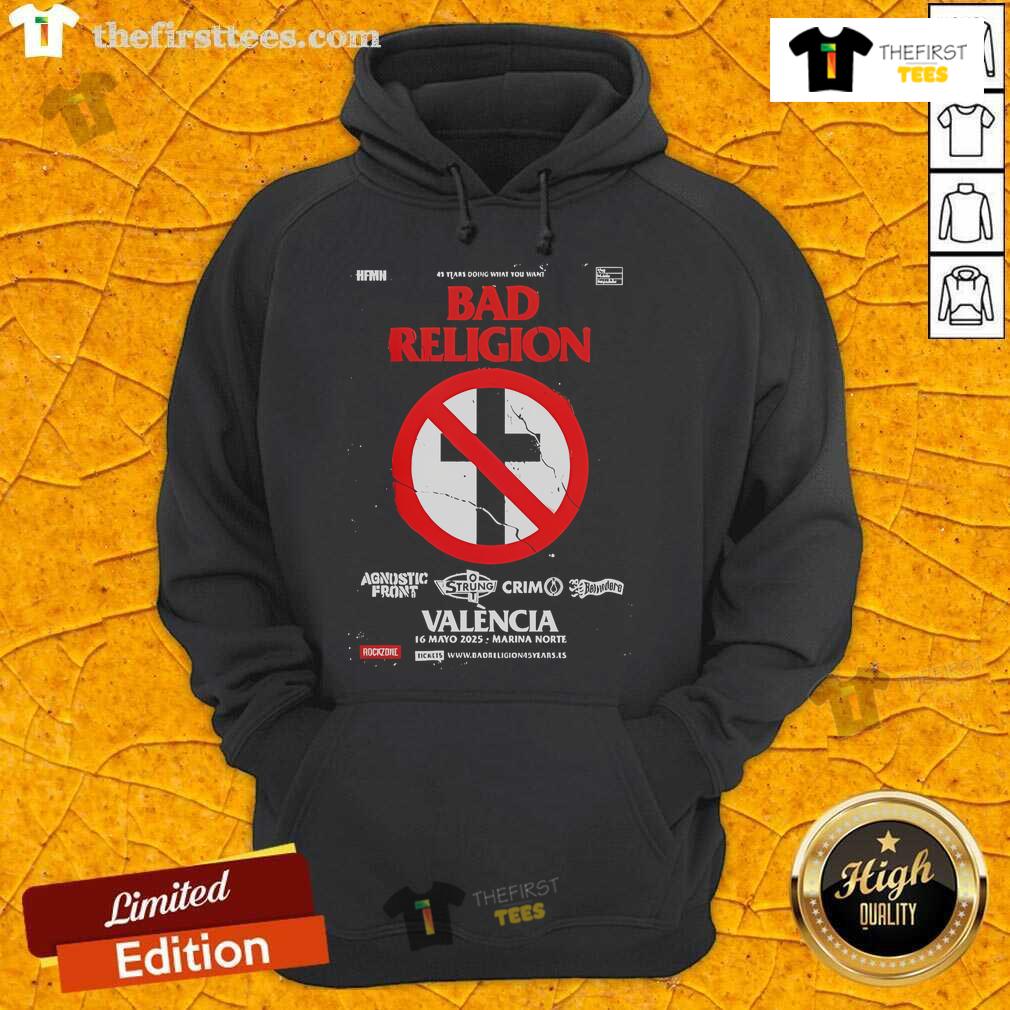 Bad Religion 45 Years Tour 2025 hoodie featured at Valencia Spain's Marina Norte show, celebrating iconic punk rock band.