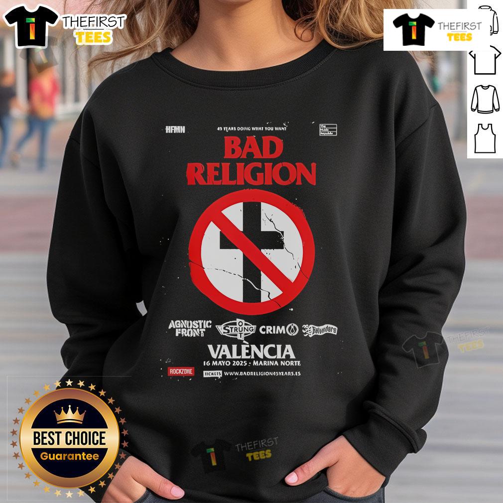 Top Bad Religion 45 Years Tour 2025 sweatshirt for the show in Valencia, Spain at Marina Norte, featuring iconic band logo.
