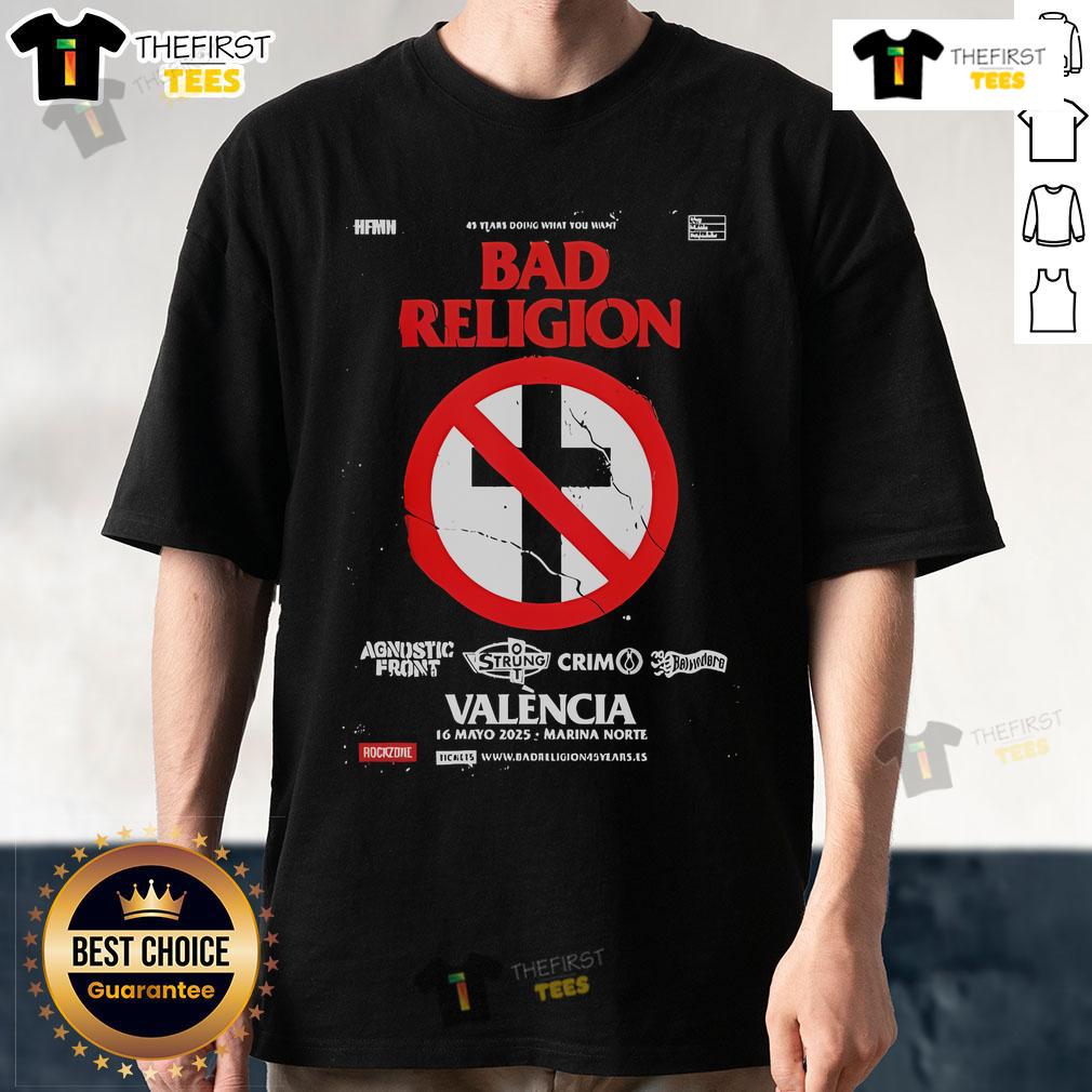 Top Bad Religion 45 Years Tour 2025 Valencia Spain Marina Norte T-Shirt featuring band logo and tour details.