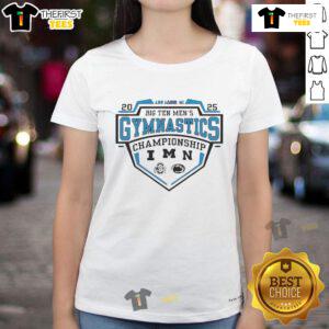 Alt Text: 2025 Big Ten Men's Gymnastics Tournament ladies tee featuring team logos and vibrant design for fans.