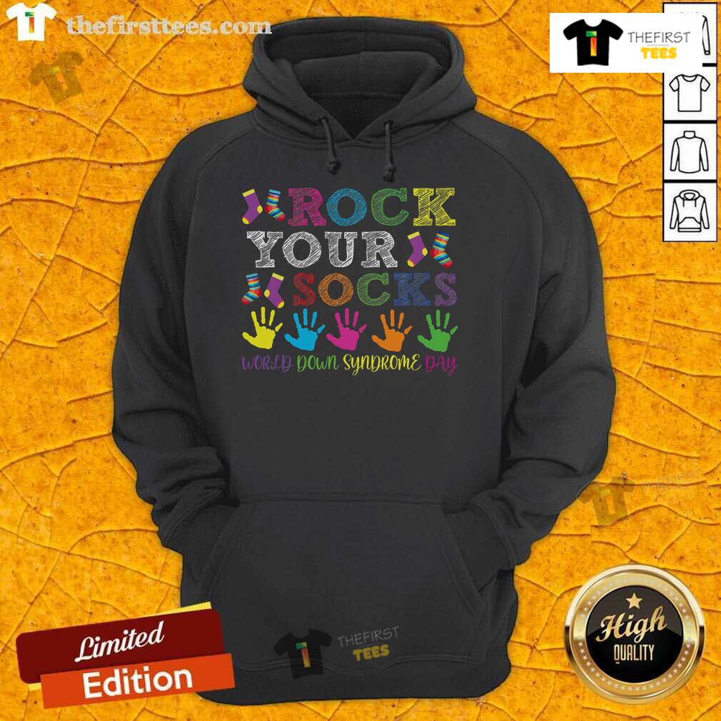 Alt Text: Stylish hoodie for World Down Syndrome Day featuring colorful socks design to promote awareness and support.