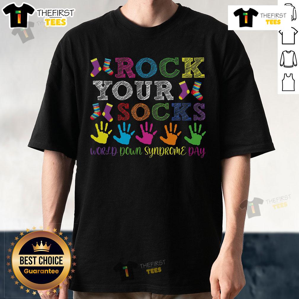 Nice World Down Syndrome Day Rock Your Socks T-Shirt showcasing vibrant colors and supportive message for awareness.