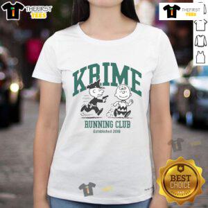 Official Charlie Brown Peanuts Krime Running Club Est 2018 Ladies Tee featuring vibrant design and comfortable fit.