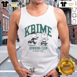 Official Charlie Brown The Peanuts Krime Running Club tank top, established 2018, featuring vibrant graphics and a comfortable fit.