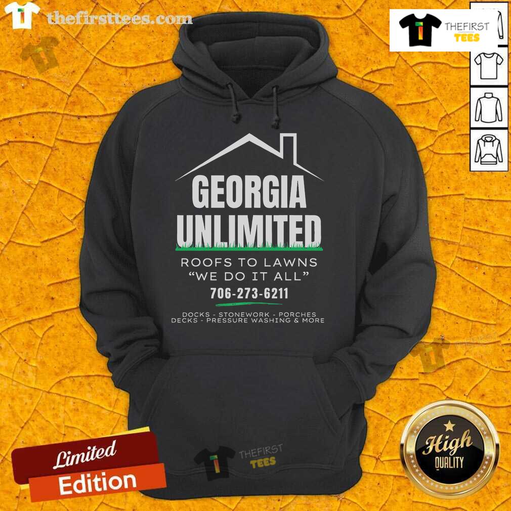 Official Georgia Unlimited Roofs to Lawns hoodie showcasing a stylish design for all your roofing and lawn care needs.