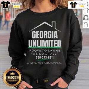 Official Georgia Unlimited Roofs To Lawns sweatshirt showcasing a stylish design for home improvement enthusiasts.