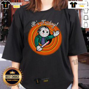 Official It's Friday Jason Friday the 13th ladies tee featuring a spooky graphic for horror movie fans.