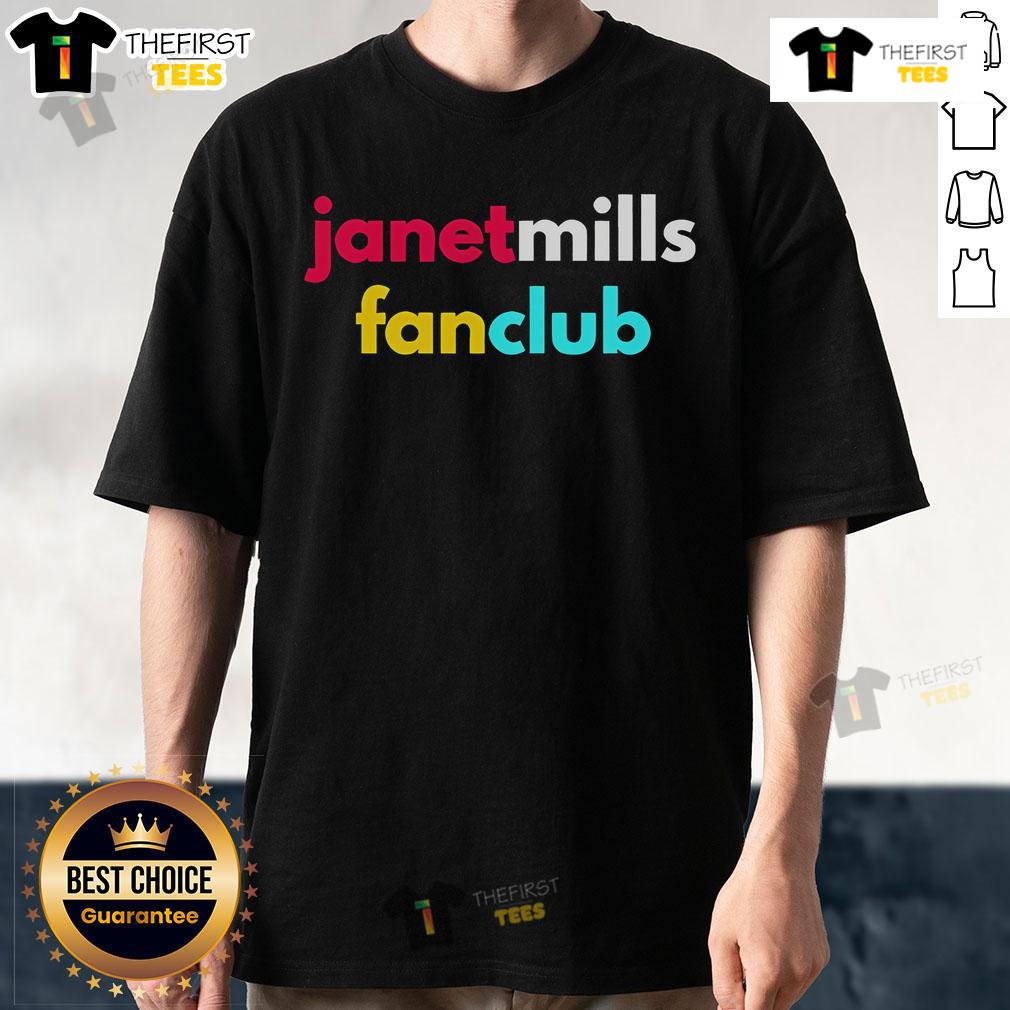 Official Janet Mills Fan Club T-Shirt featuring a bold design and vibrant colors, perfect for supporters of Janet Mills.