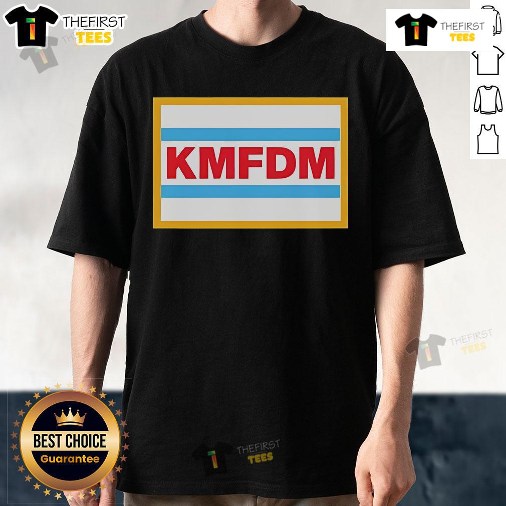 Official KMFDM Chi Logo T-Shirt featuring bold graphic design and iconic band logo on a black background.