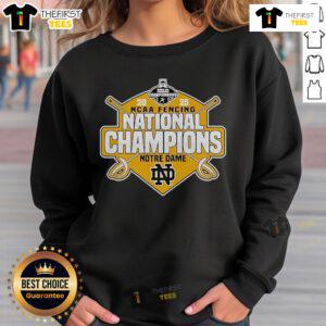 Official Notre Dame Fighting Irish 2025 NCAA Fencing National Champions Sweatshirt in navy with logo and championship details.