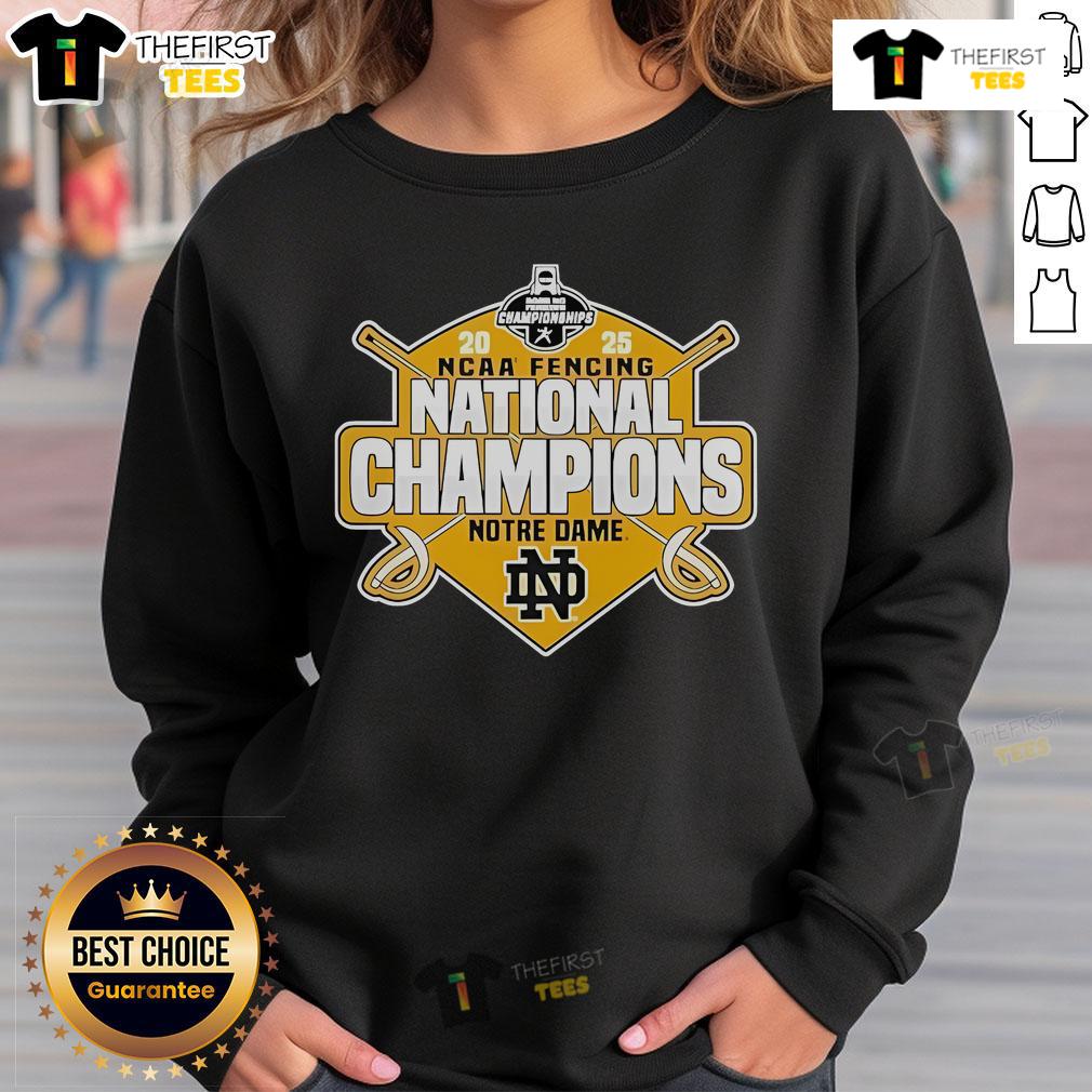 Official Notre Dame Fighting Irish 2025 NCAA Fencing National Champions Sweatshirt in navy with logo and championship details.