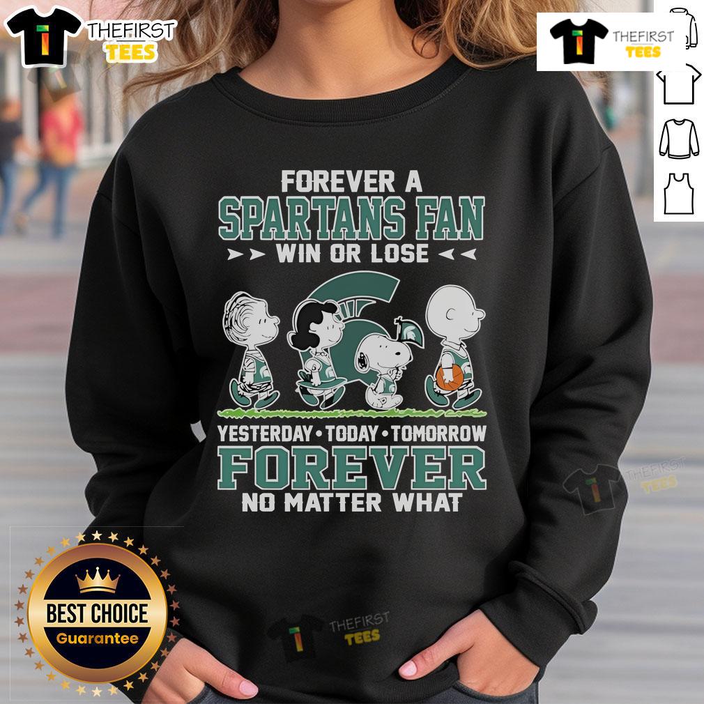 Official Snoopy Peanuts Forever Michigan State Spartans fan sweatshirt, celebrating loyalty win or lose, stylish sportswear.