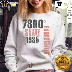 Alt Text: Original Bon Jovi 7800 Fahrenheit staff sweatshirt from 1985 featuring the band's iconic logo and vintage design.
