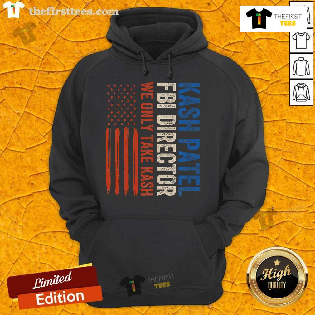Premium Kash Patel FBI Director vintage hoodie featuring an American flag design for stylish patriotic wear.