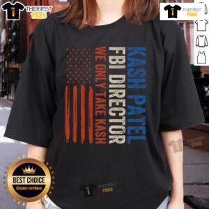 Premium Kash Patel FBI Director vintage ladies tee featuring American flag design, perfect for patriotic fashion enthusiasts.