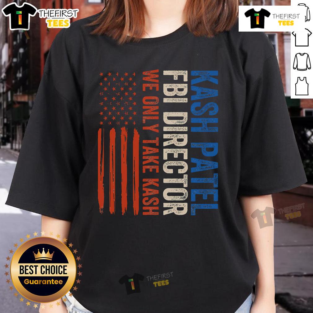 Premium Kash Patel FBI Director vintage ladies tee featuring American flag design, perfect for patriotic fashion enthusiasts.