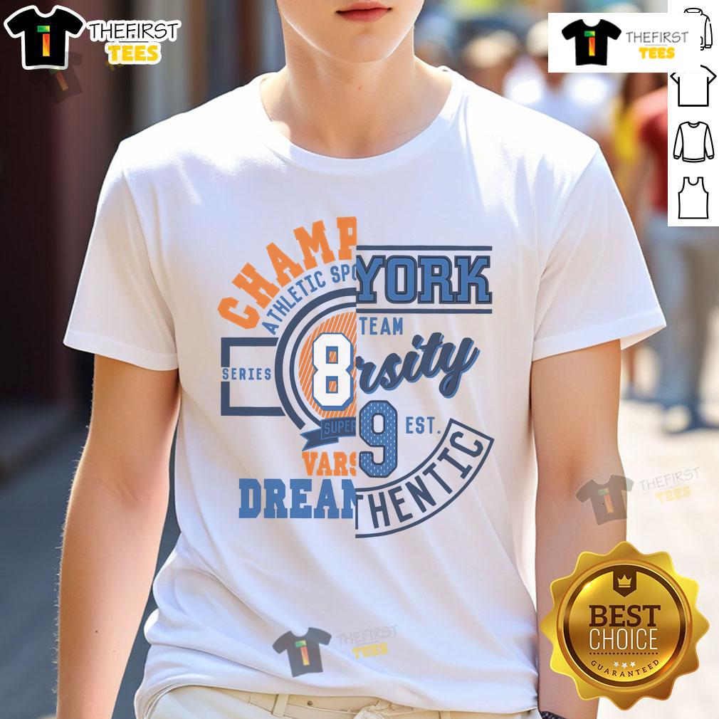 Premium New York Athletic Sports Champions Varsity T-Shirt in navy blue, featuring a classic logo and comfortable fit.