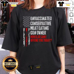 Vintage ladies tee featuring the American flag with a humorous slogan 'How Else Can I Offend You Today?' for casual wear.