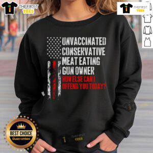 Vintage American flag sweatshirt with the phrase How Else Can I Offend You Today? in bold letters, perfect for casual wear.