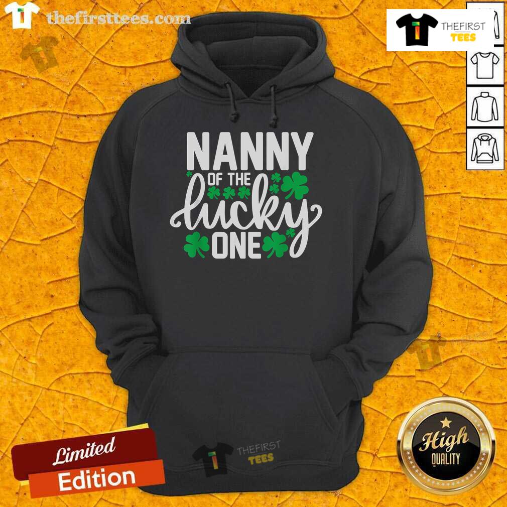Adorable baby in a St. Patrick's Day hoodie celebrating their first birthday with 'Top Nanny of the Lucky One' design.