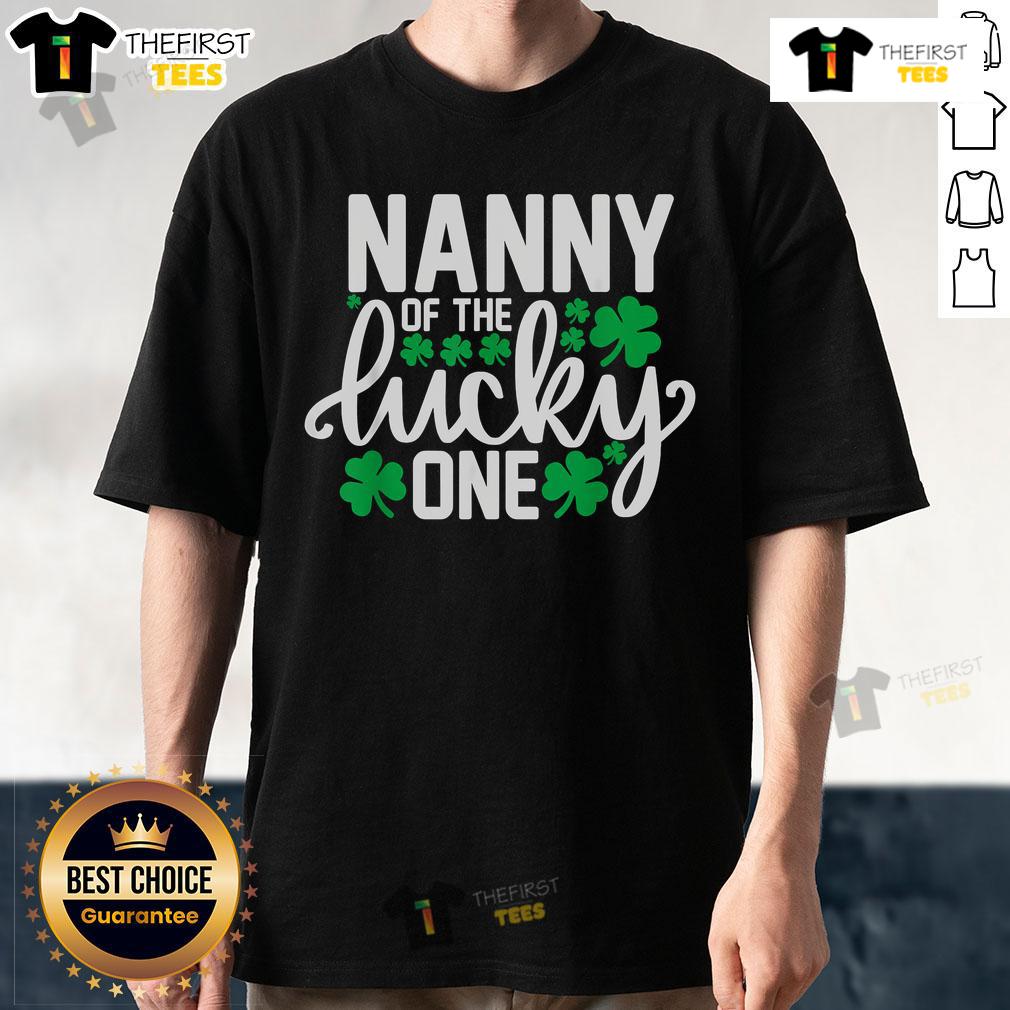 Top Nanny Of The Lucky One First Birthday St Patrick's Day T-Shirt featuring festive green design and playful graphics.