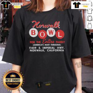 Alt Text: Vintage ladies tee featuring 'Top Norwalk Bowl' design, perfect for family bowling outings and retro fashion lovers.