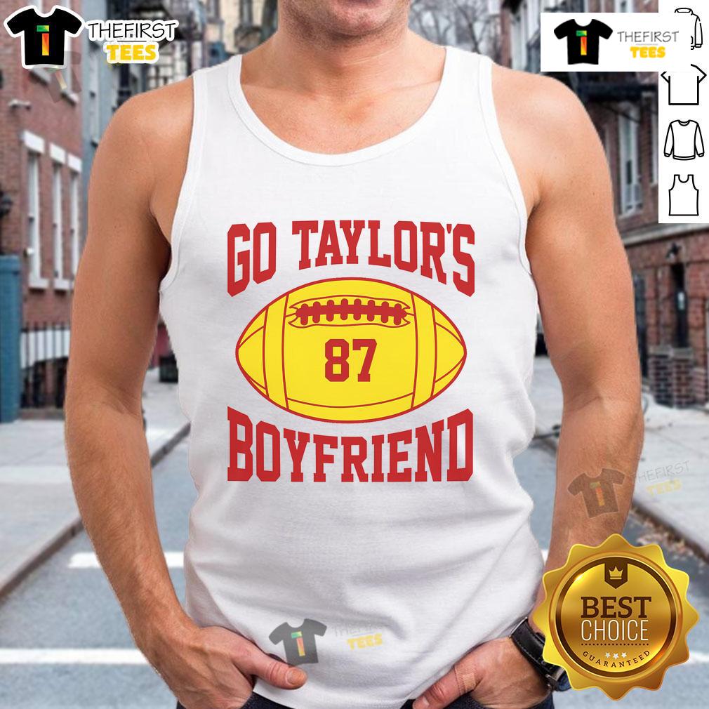 Alt Text: Hot Go Taylors Boyfriend 87 Football Tank Top displayed on a mannequin, featuring a sporty design and vibrant colors.