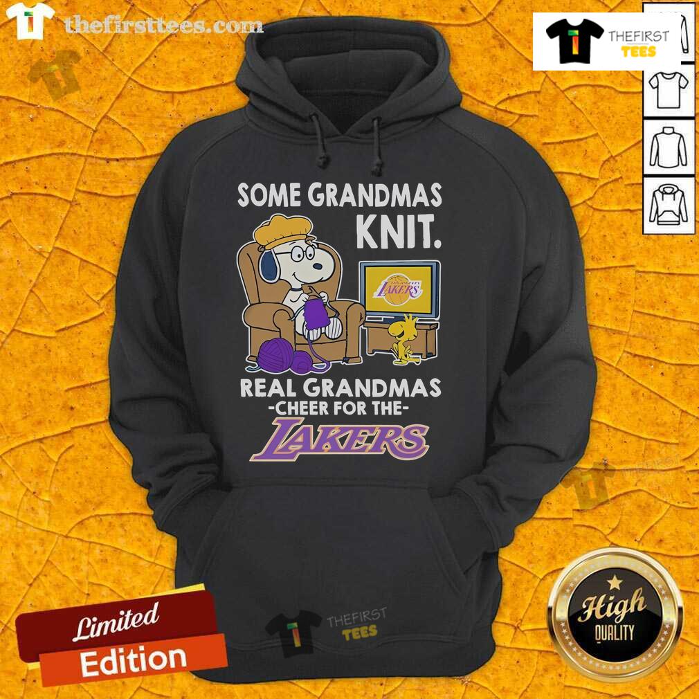 Alt Text: Snoopy and Woodstock wearing a Lakers hoodie, showcasing a fun grandma-inspired design for Peanuts fans.