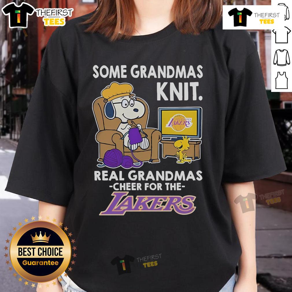 Nice Snoopy and Woodstock Peanuts tee for grandmas, supporting Los Angeles Lakers, perfect for ladies' casual wear.
