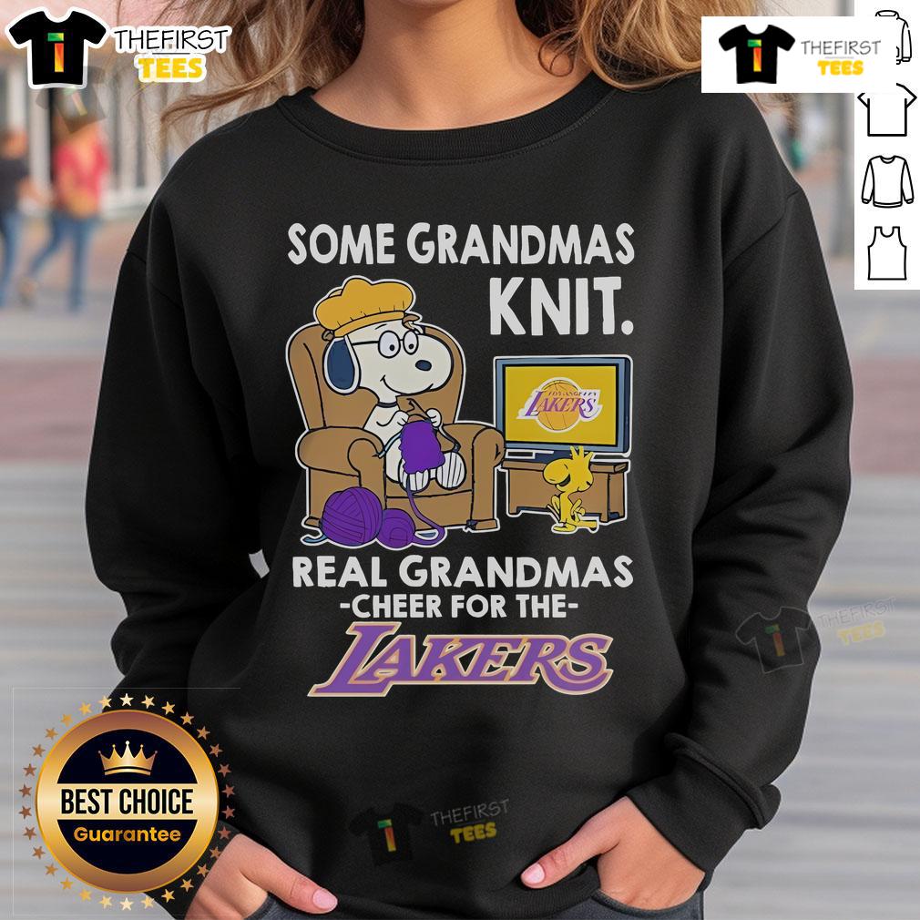 Alt Text: Snoopy and Woodstock in a cheerful design on a Los Angeles Lakers sweatshirt, perfect for grandmas.