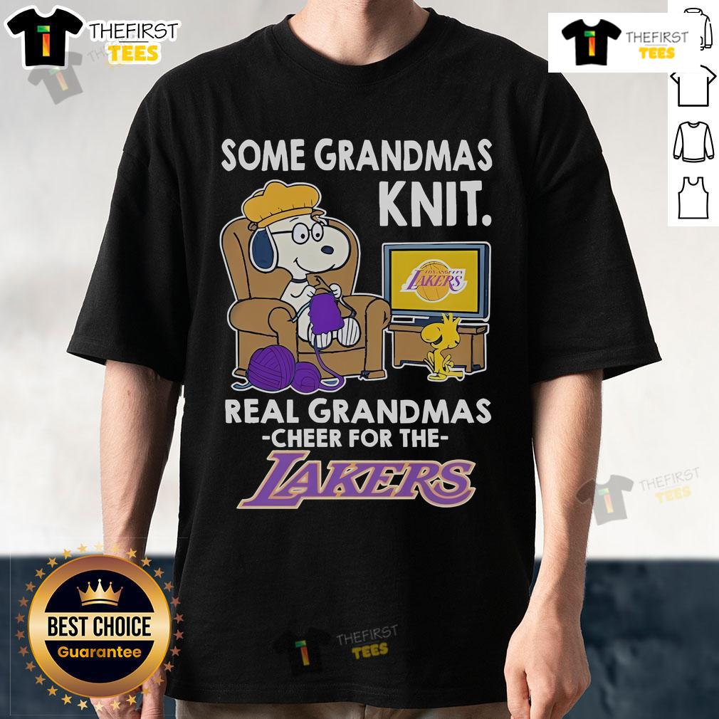 Alt Text: Cute Snoopy and Woodstock on a Los Angeles Lakers T-Shirt for grandmas who knit, celebrating real grandmas.