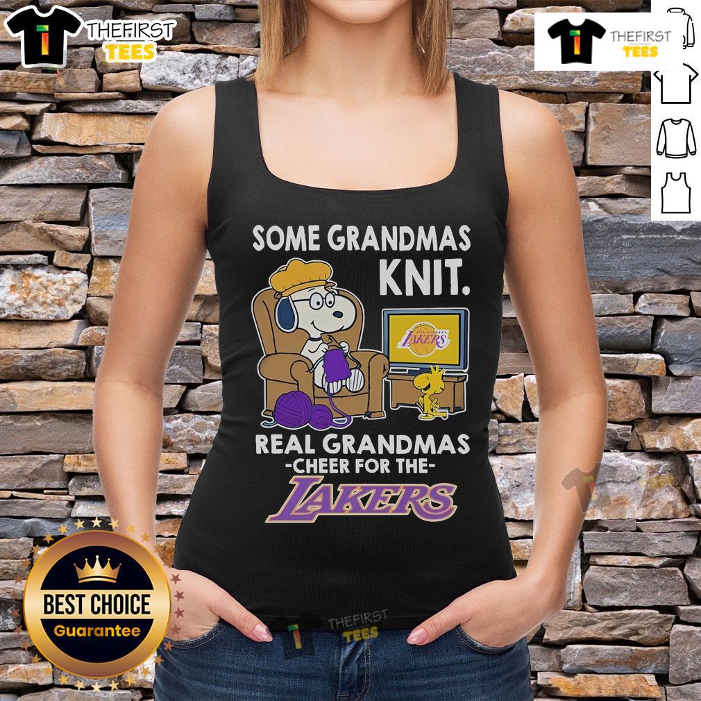 Nice Snoopy and Woodstock Peanuts tank top for grandmas cheering for the Los Angeles Lakers.