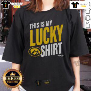 Alt Text: Official Iowa Hawkeyes This Is My Lucky ladies tee, featuring the team logo and stylish design for fans.
