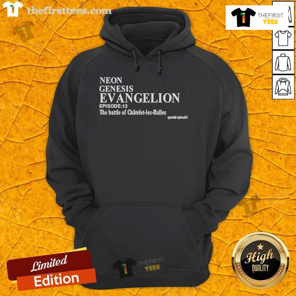 Alt Text: Official Neon Genesis Evangelion Episode 12 hoodie featuring vibrant artwork from The Battle of Chtelet Les Halles.