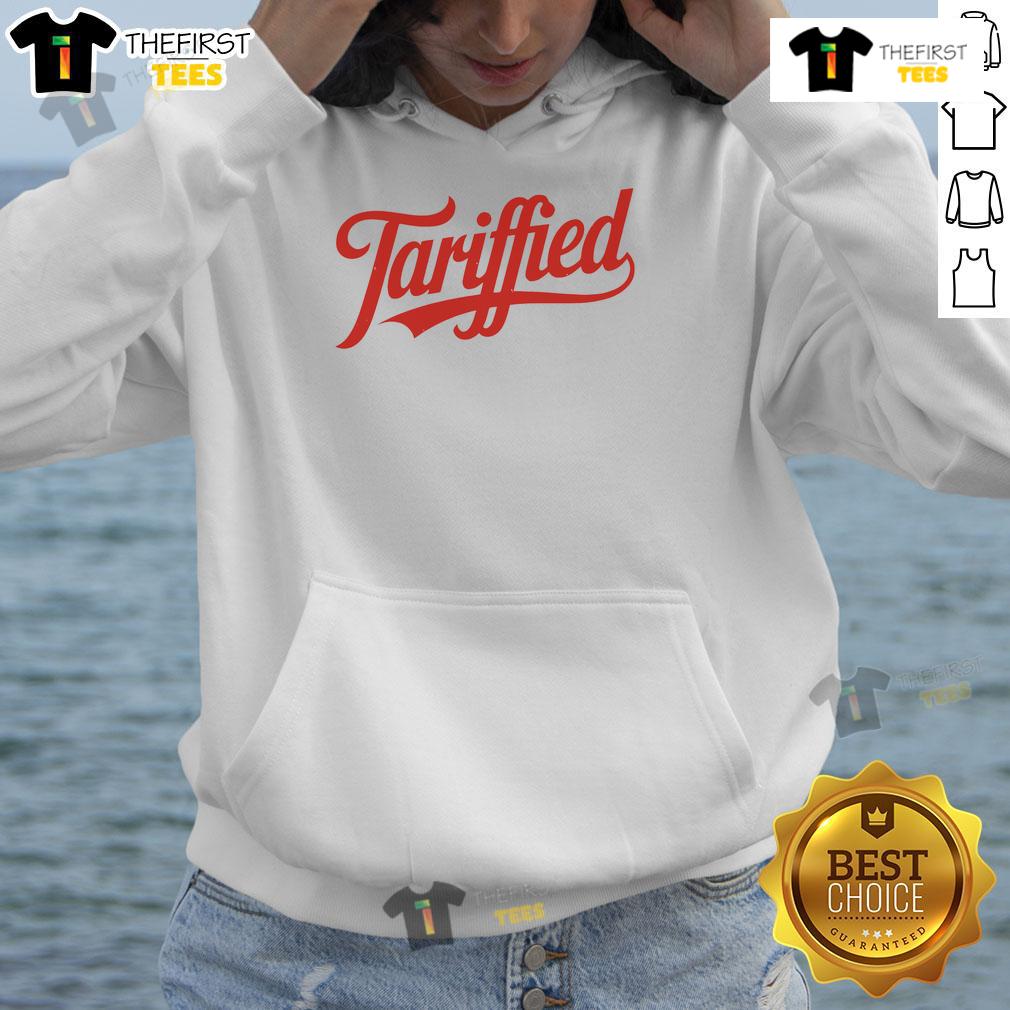 Funny Official Tariffied 2025 Political Humor Hoodie featuring witty graphics for election season enthusiasts.