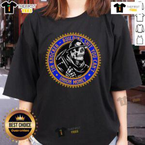 Alt Text: Official Tin Knocker Building shirt featuring skeleton ladies design, perfect for union supporters and unique fashion lovers.