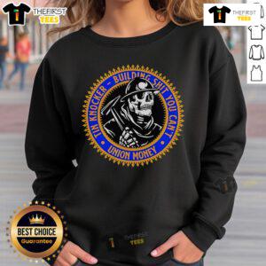 Alt Text: Official Tin Knocker Building sweatshirt featuring a skeleton design, perfect for union workers and enthusiasts.