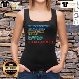 Top featuring 'Democracy Over Dictatorship' slogan, symbolizing justice and resistance against corruption in bold colors.