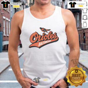 Alt Text: Gray tank top featuring Baltimore Orioles homage design, perfect for fans showcasing local team spirit.