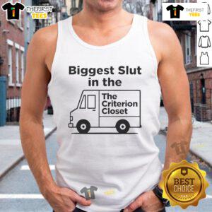 Model wearing a stylish tank top from 'Nice Biggest Slut in the Criterion Closet' collection, showcasing trendy fashion.