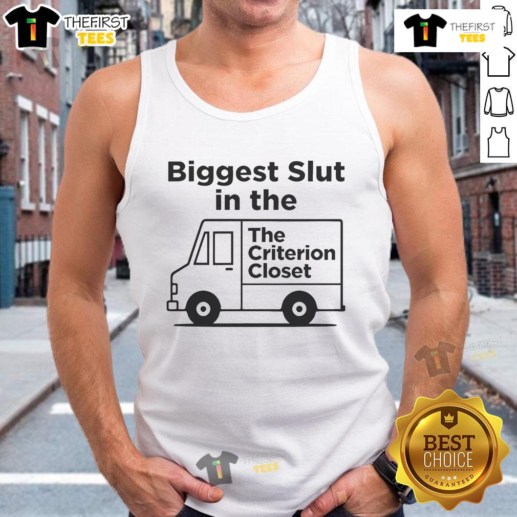 Model wearing a stylish tank top from 'Nice Biggest Slut in the Criterion Closet' collection, showcasing trendy fashion.