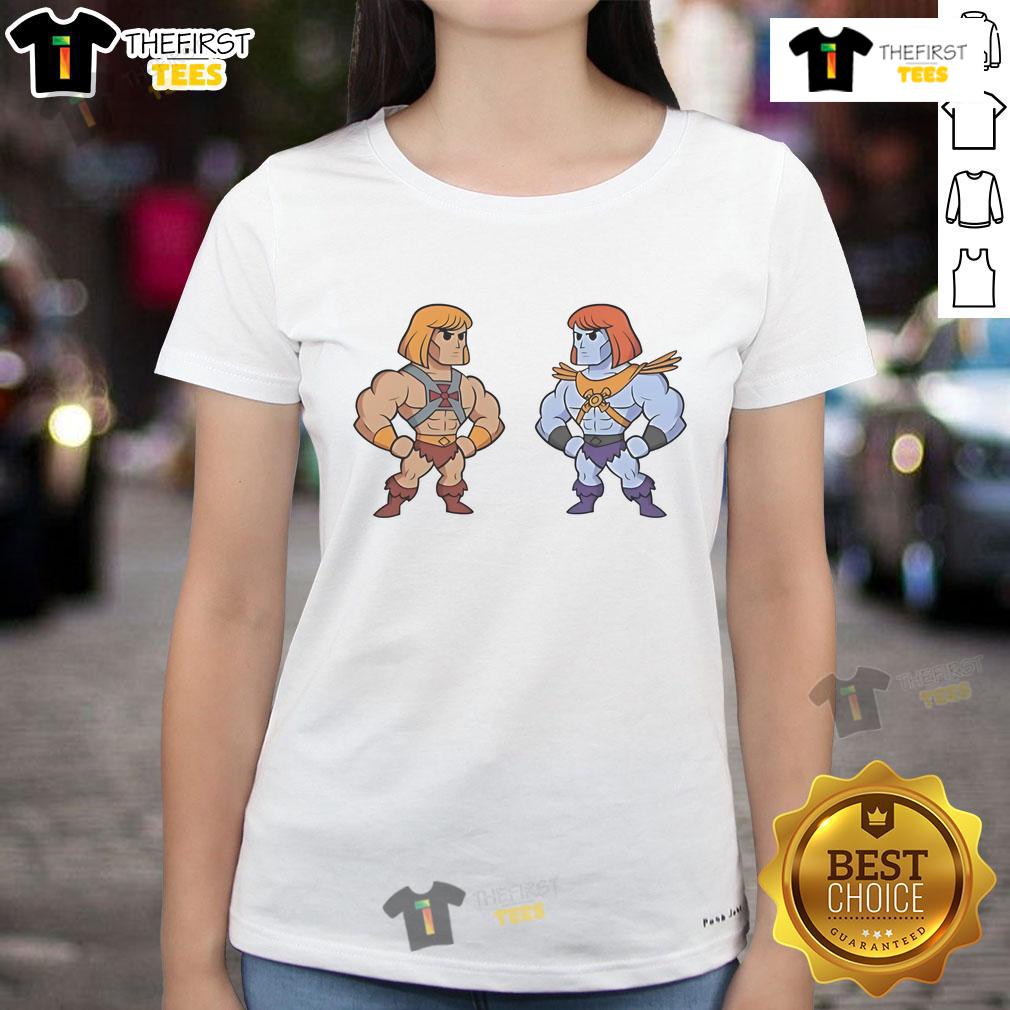 Stylish ladies tee featuring He-Man and Faker, perfect for fans of classic animation and pop culture fashion.
