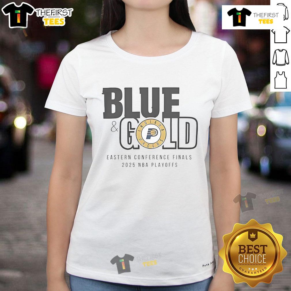 Ladies' blue and gold tee featuring the Nice Indiana Pacers logo for the 2025 NBA Eastern Conference Finals.