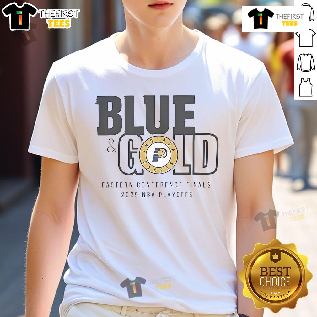 Alt Text: Nice Indiana Pacers blue and gold 2025 NBA Eastern Conference Finals T-shirt featuring team logo and modern design.